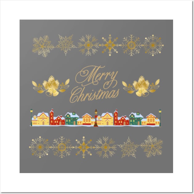 Merry Christmas Gold Theme Village with Snowflakes and Bells Wall Art by aspinBreedCo2
